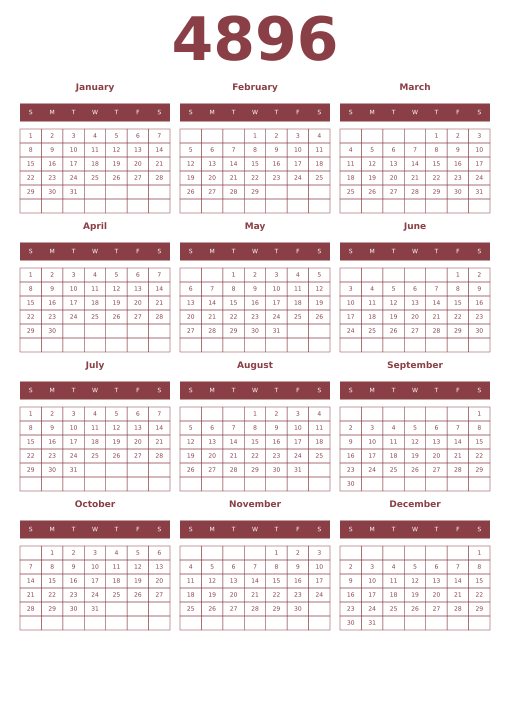 Printable 4896 Year Calendars cordovan