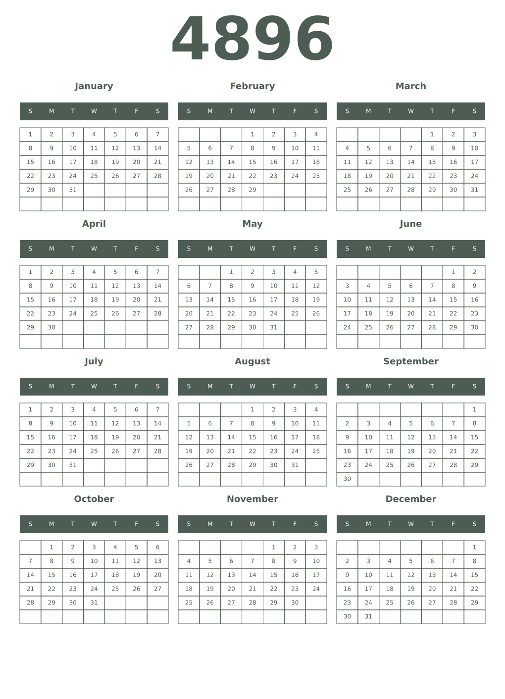 Printable 4896 Year Calendars feldgrau