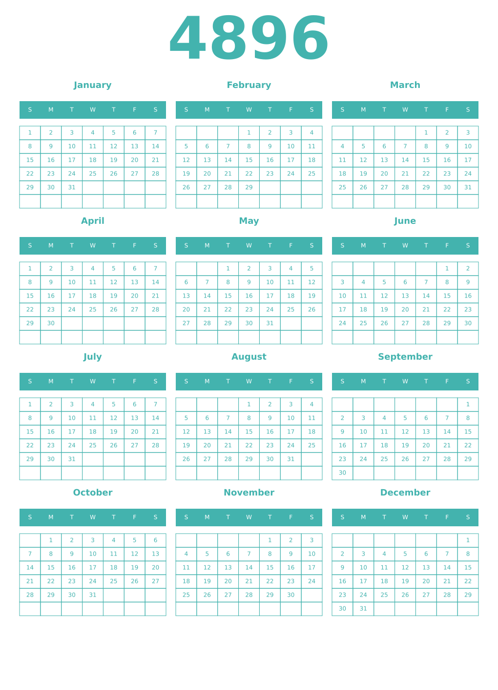 Printable 4896 Year Calendars verdigris
