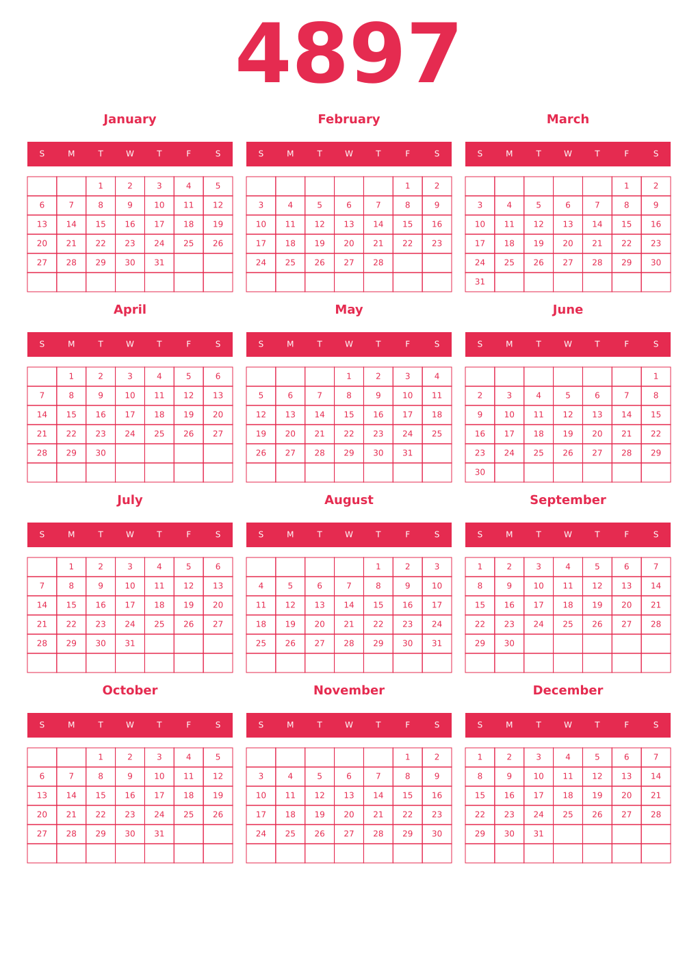 Printable 4897 Year Calendars amaranth