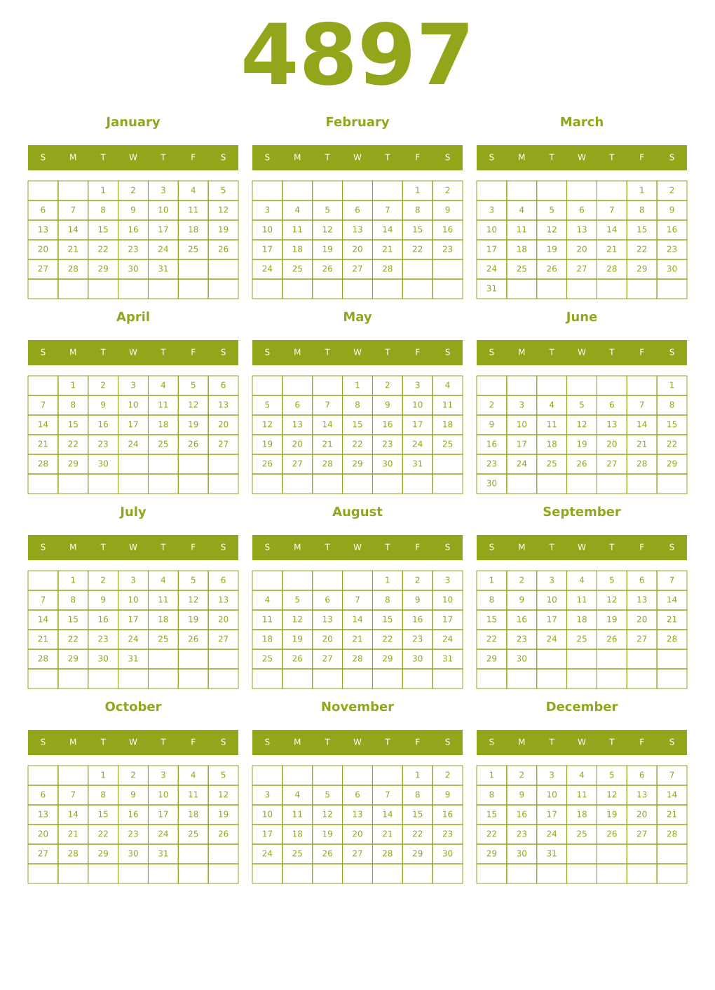 Printable 4897 Year Calendars chartreuse
