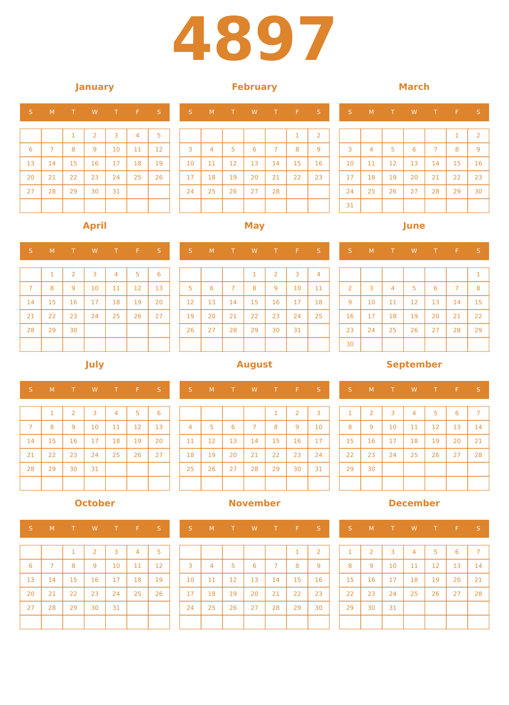 Printable 4897 Year Calendars orange