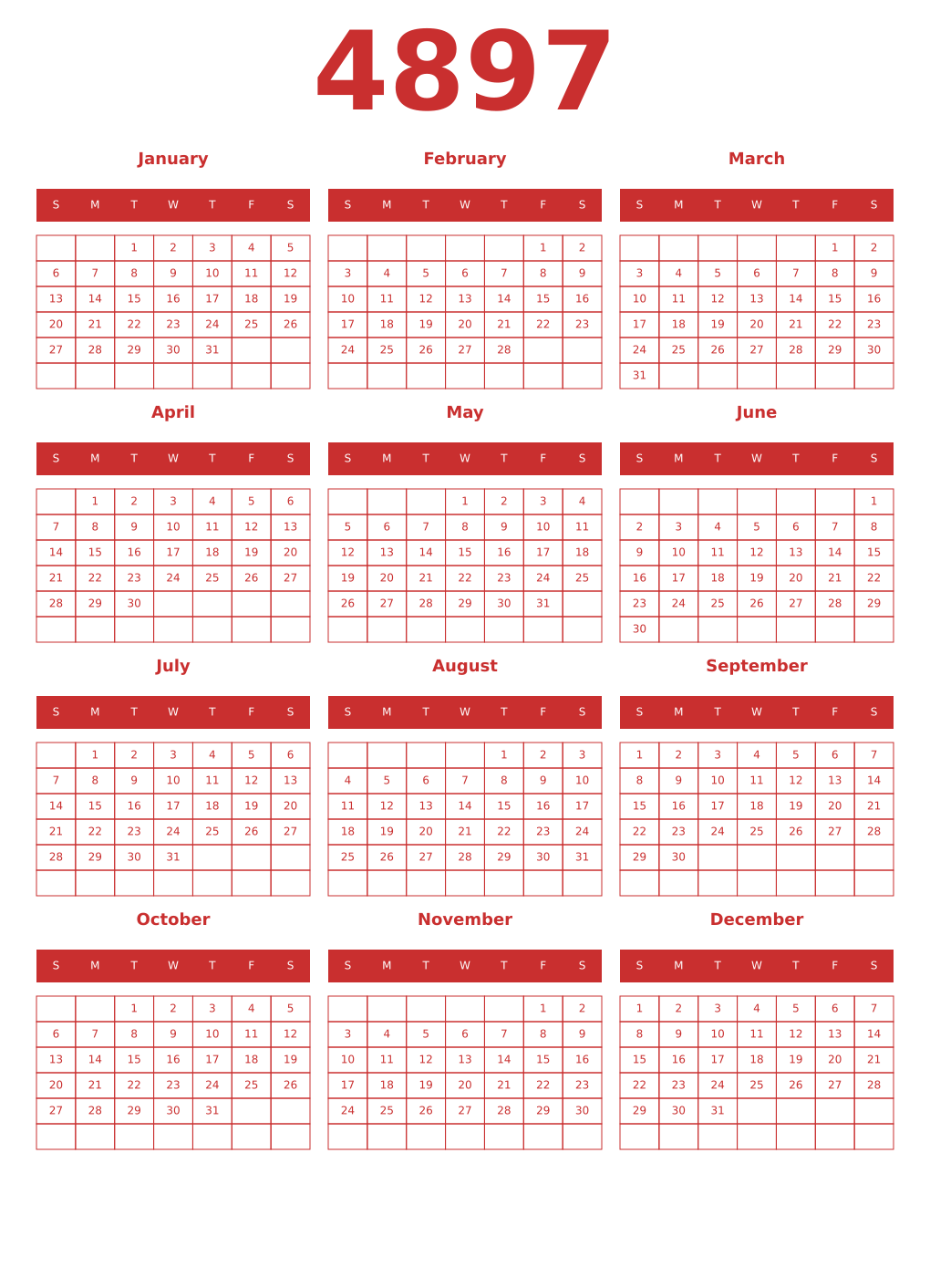 Printable 4897 Year Calendars red