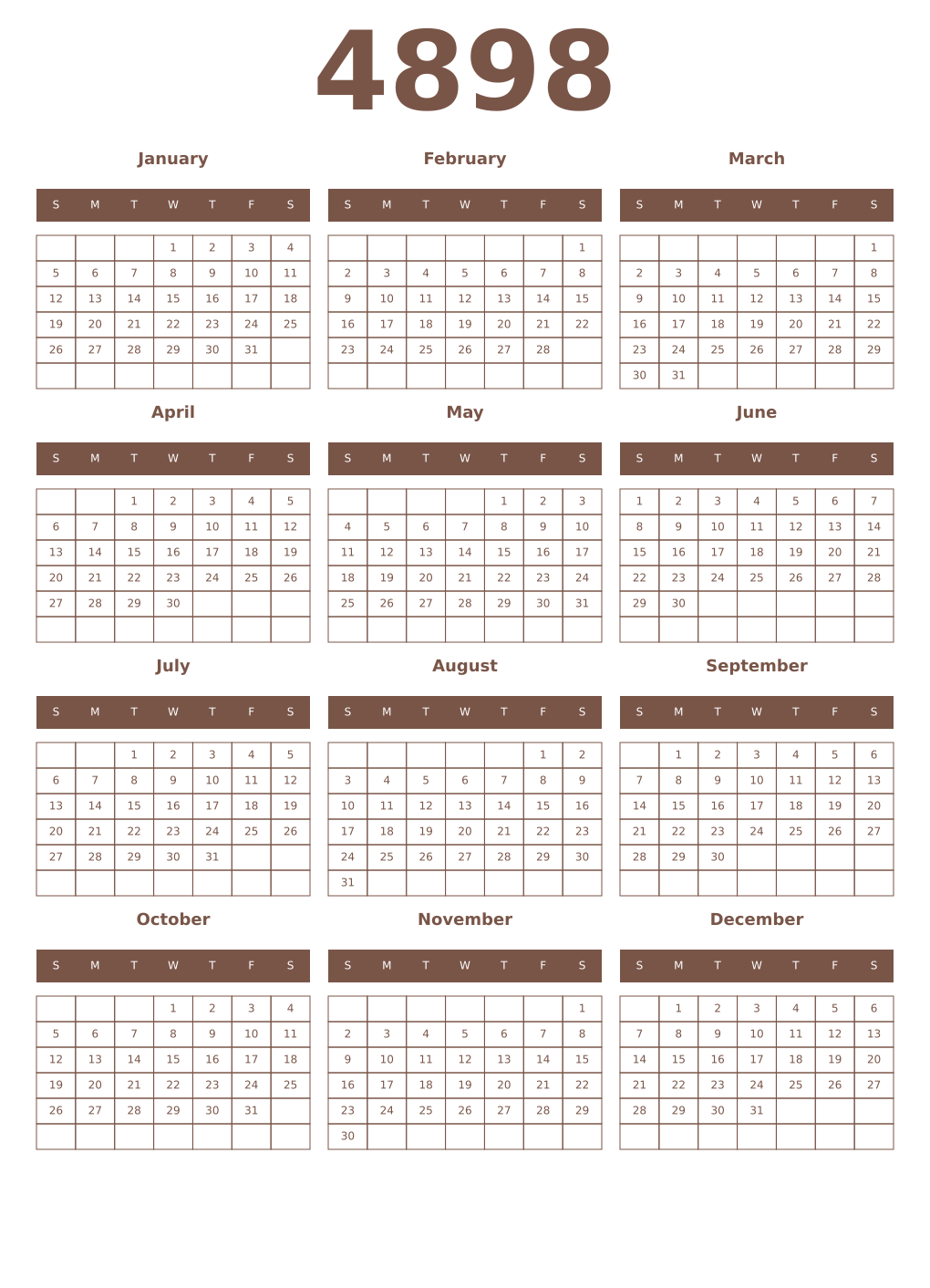 Printable 4898 Year Calendars coffe