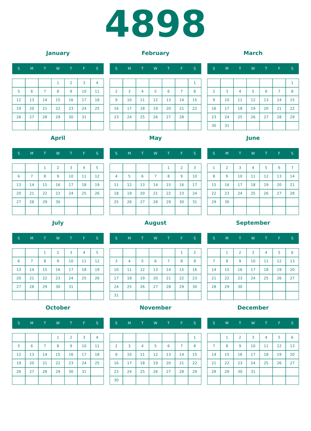 Printable 4898 Year Calendars pastel
