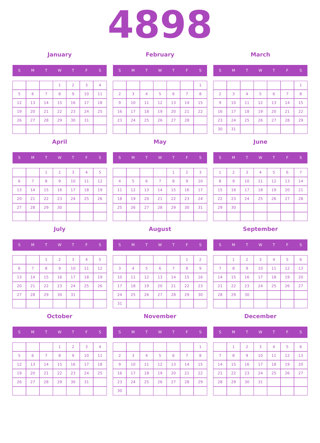 Printable 4898 Year Calendars purple