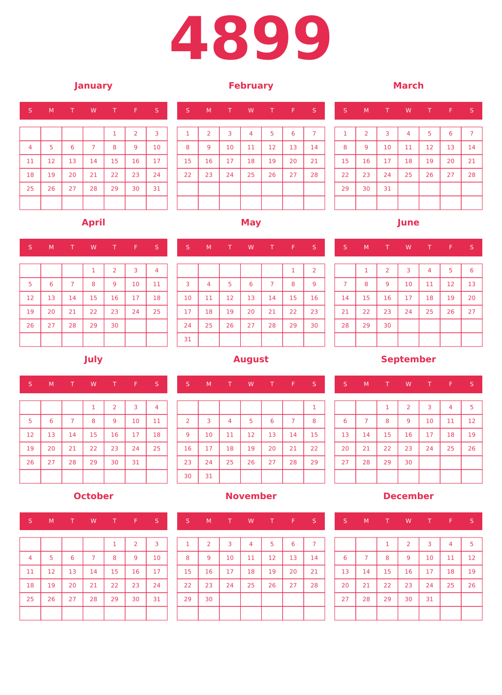 Printable 4899 Year Calendars amaranth