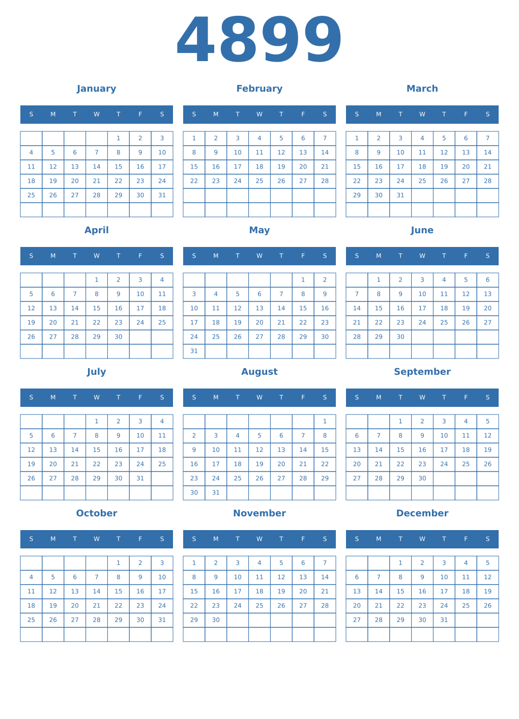 Printable 4899 Year Calendars blue