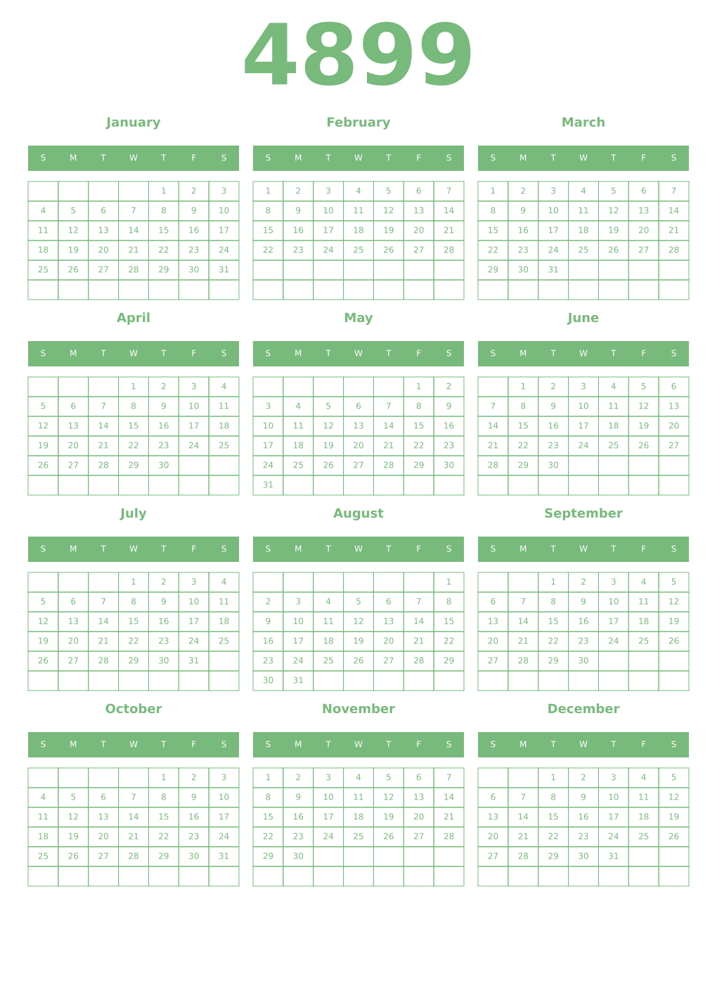 Printable 4899 Year Calendars celadon