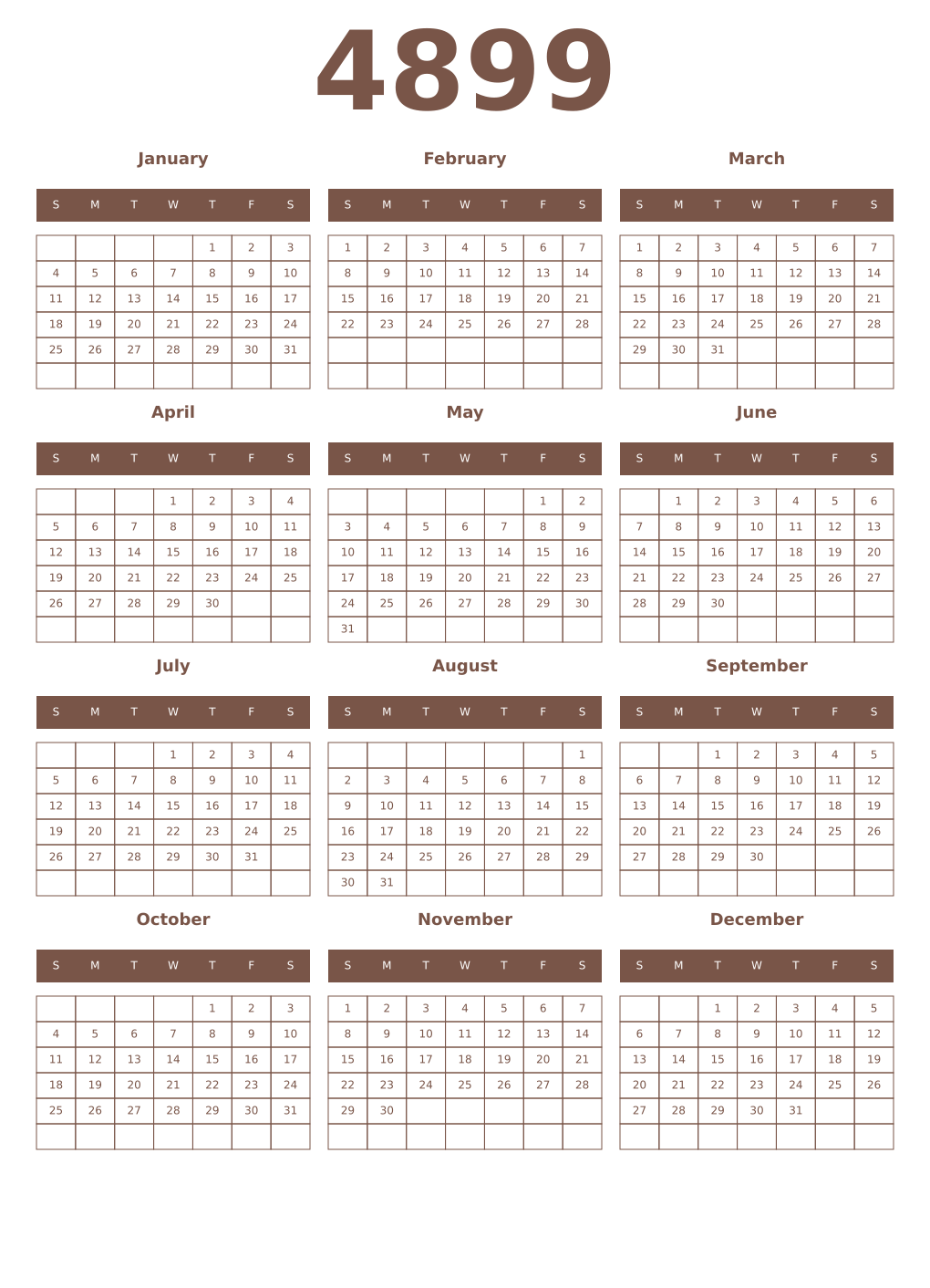Printable 4899 Year Calendars coffe