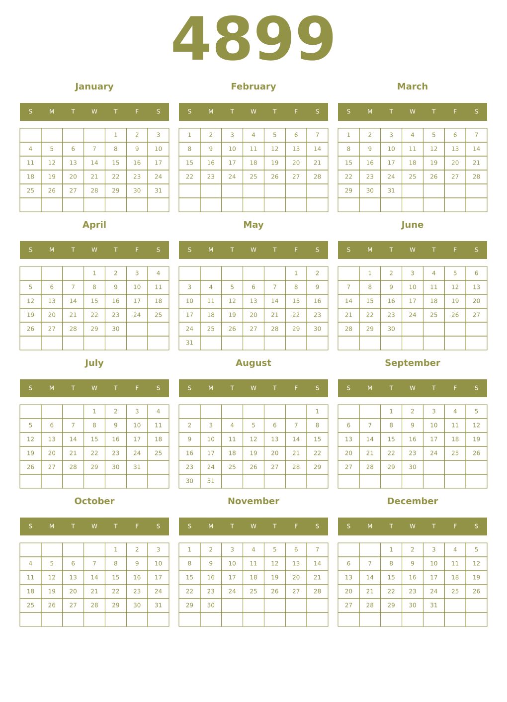 Printable 4899 Year Calendars eburnean