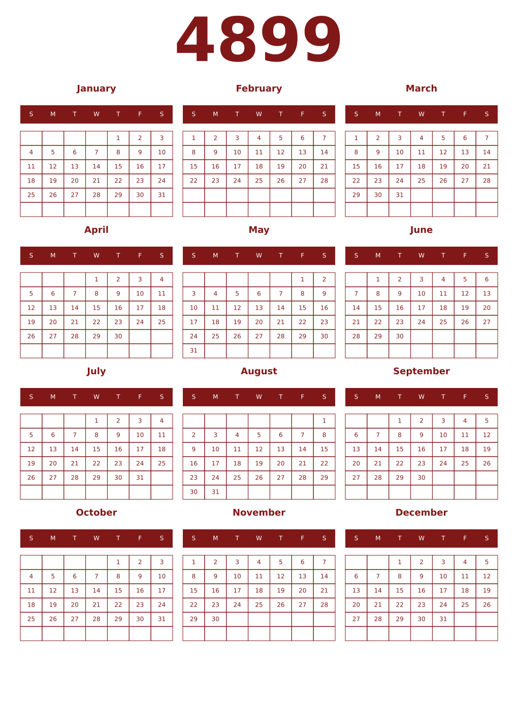 Printable 4899 Year Calendars falu