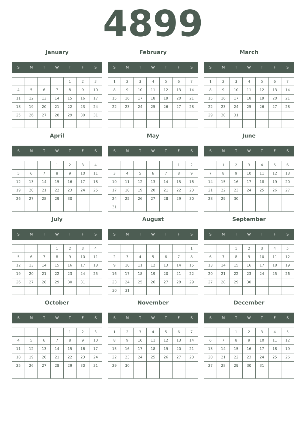 Printable 4899 Year Calendars feldgrau