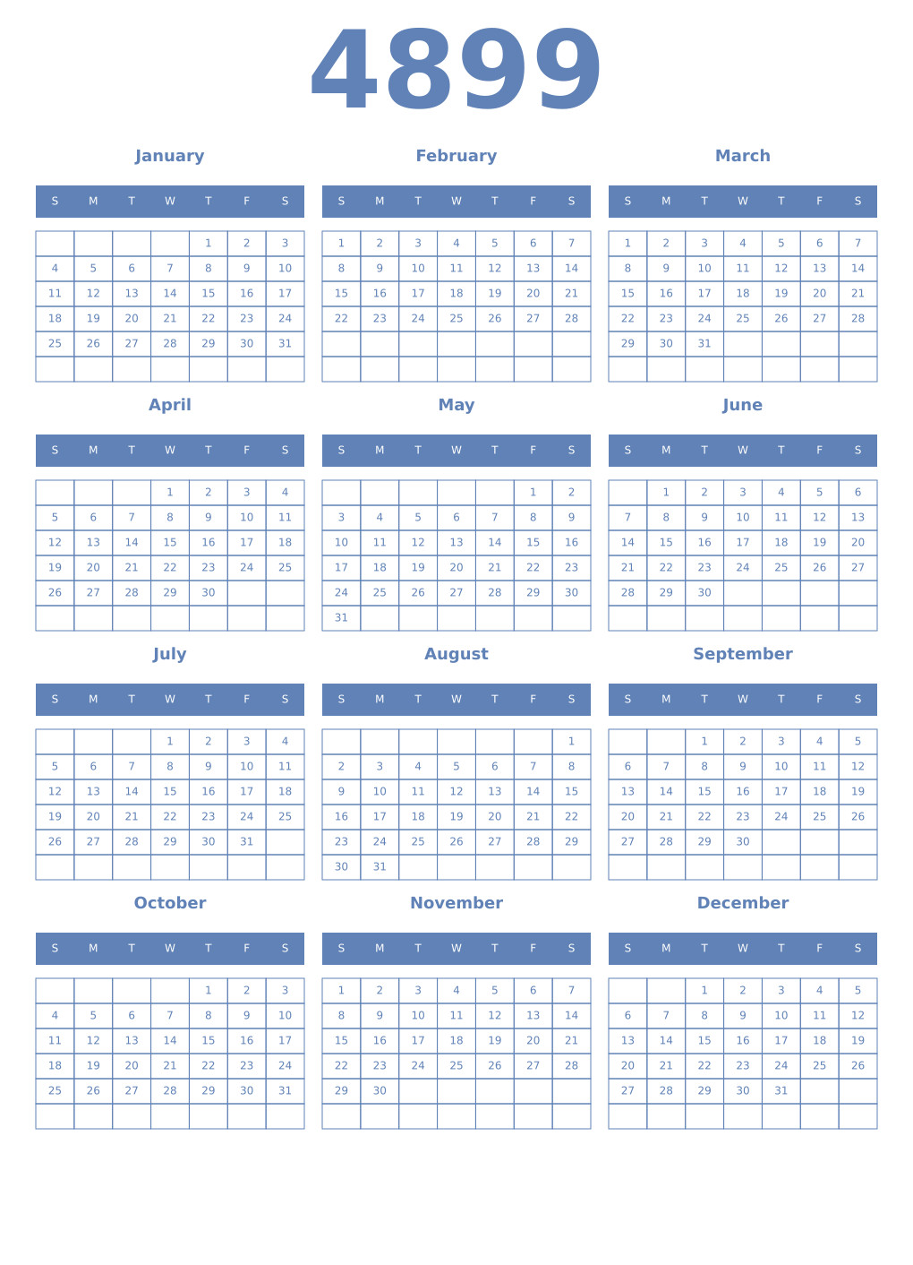 Printable 4899 Year Calendars glaucous
