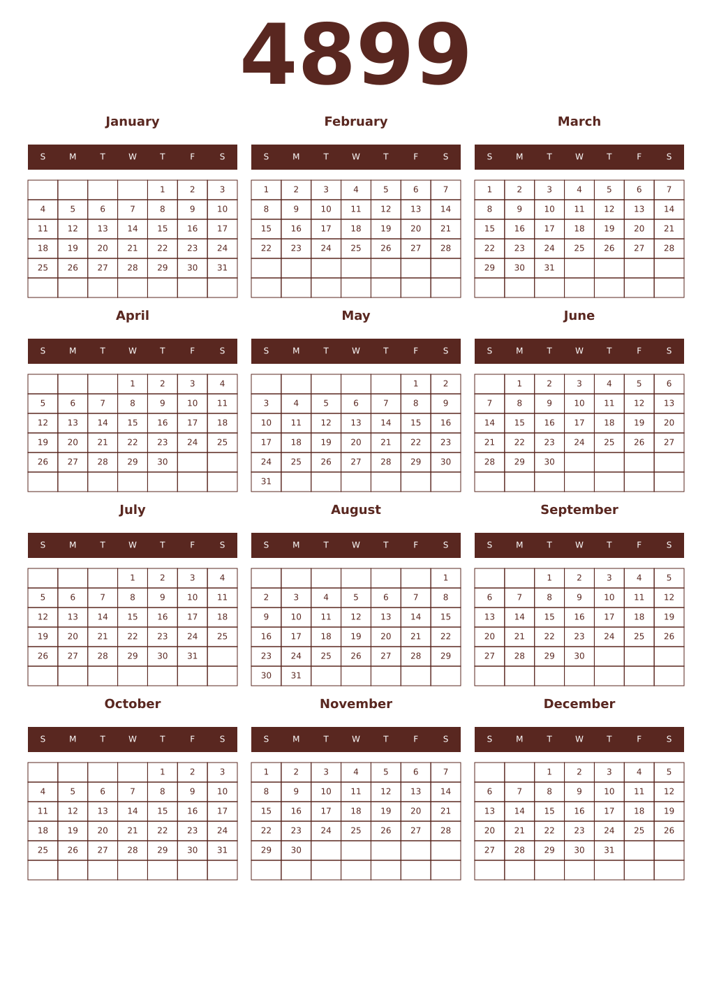 Printable 4899 Year Calendars mortuum