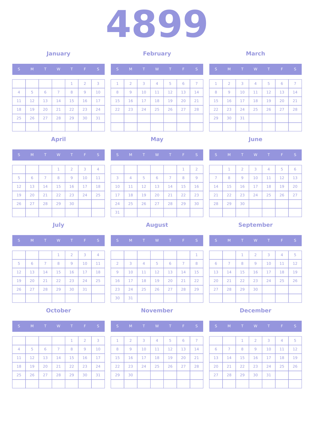 Printable 4899 Year Calendars periwinkle