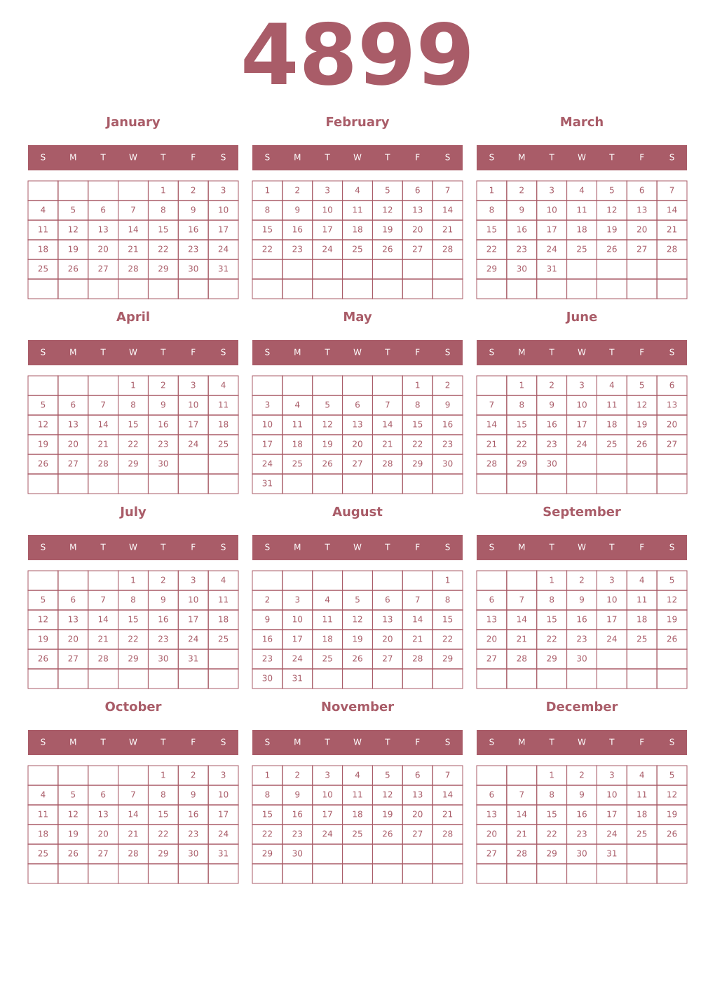 Printable 4899 Year Calendars puce