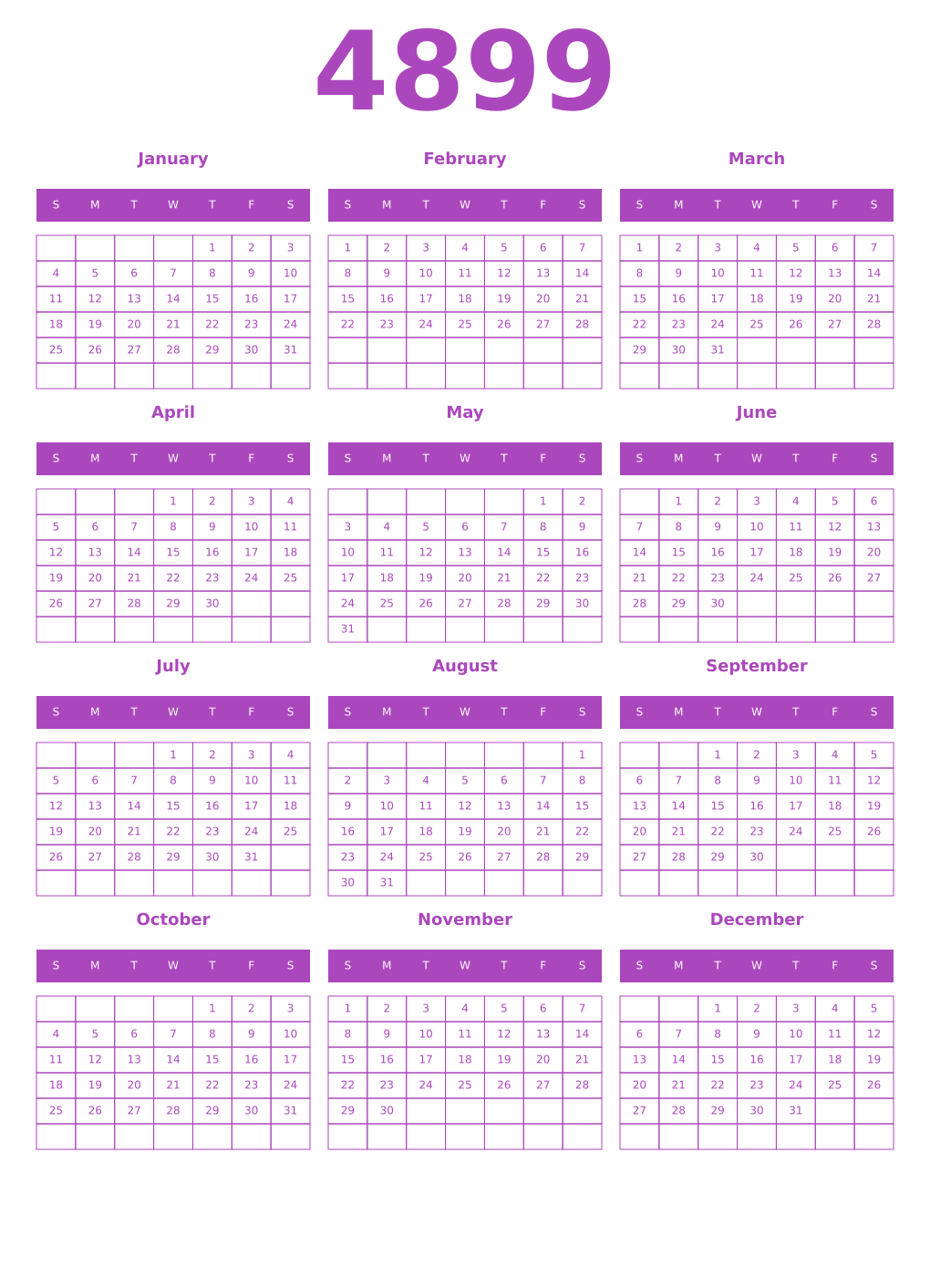 Printable 4899 Year Calendars purple