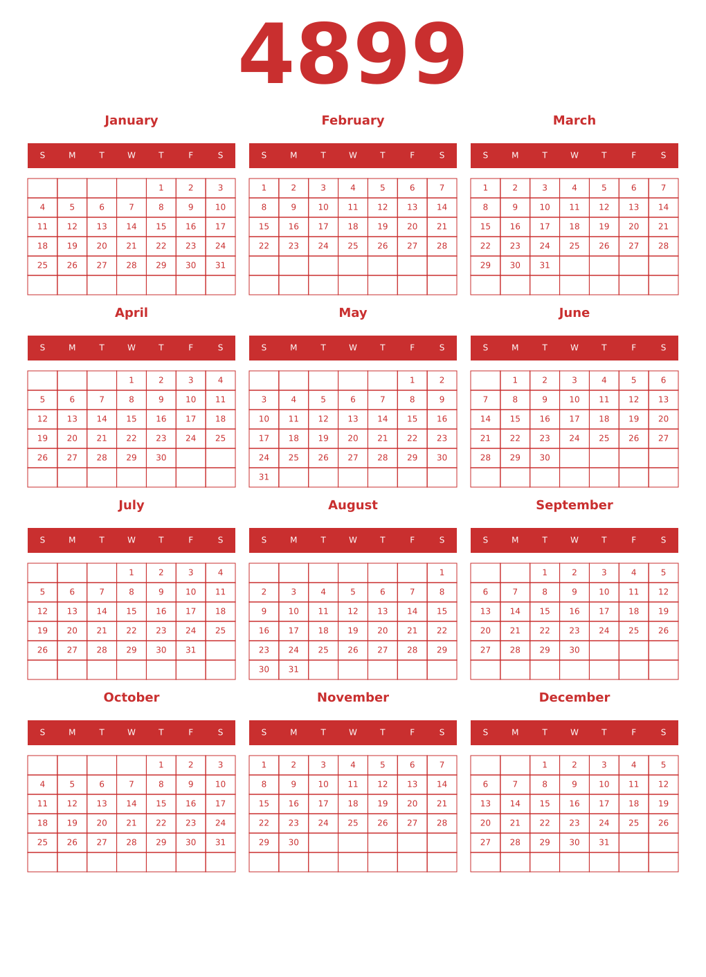 Printable 4899 Year Calendars red