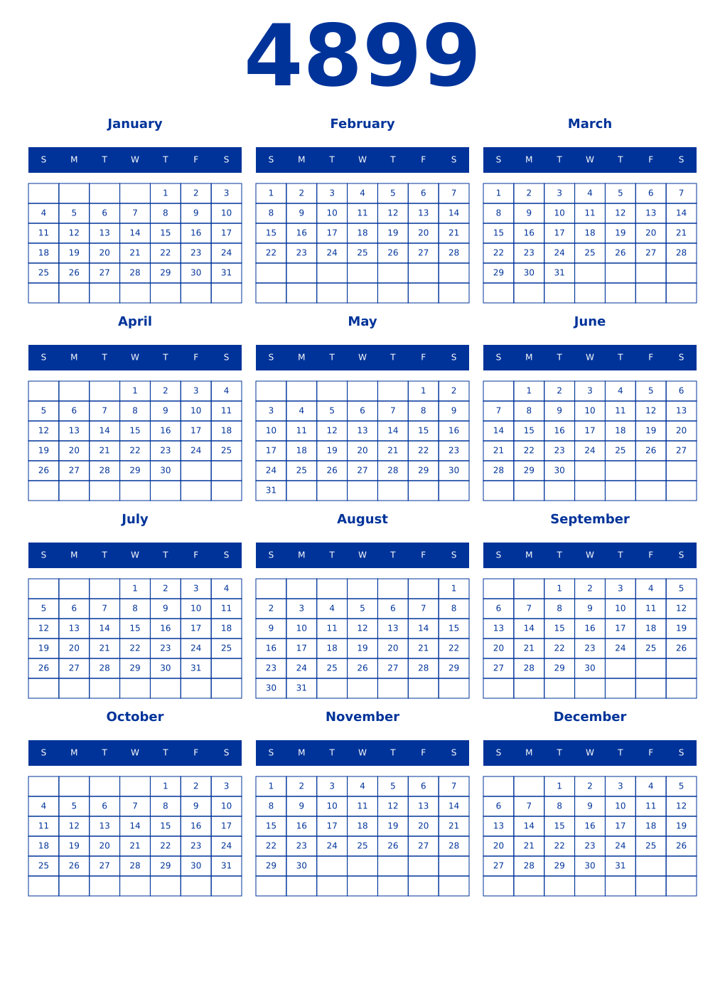 Printable 4899 Year Calendars smalt