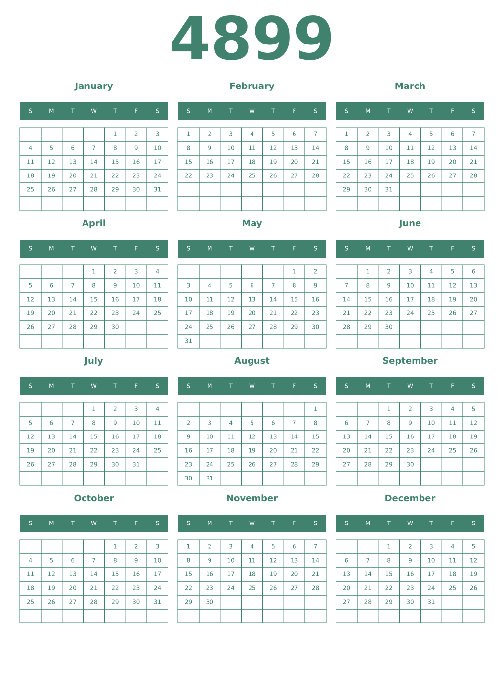 Printable 4899 Year Calendars viridian