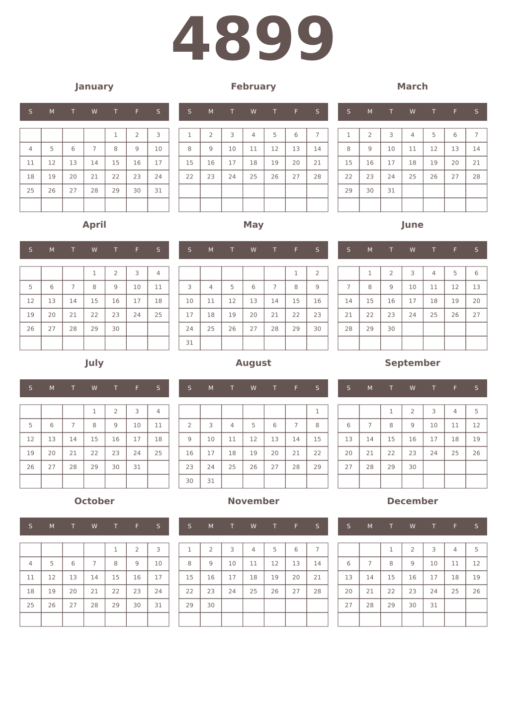 Printable 4899 Year Calendars wenge