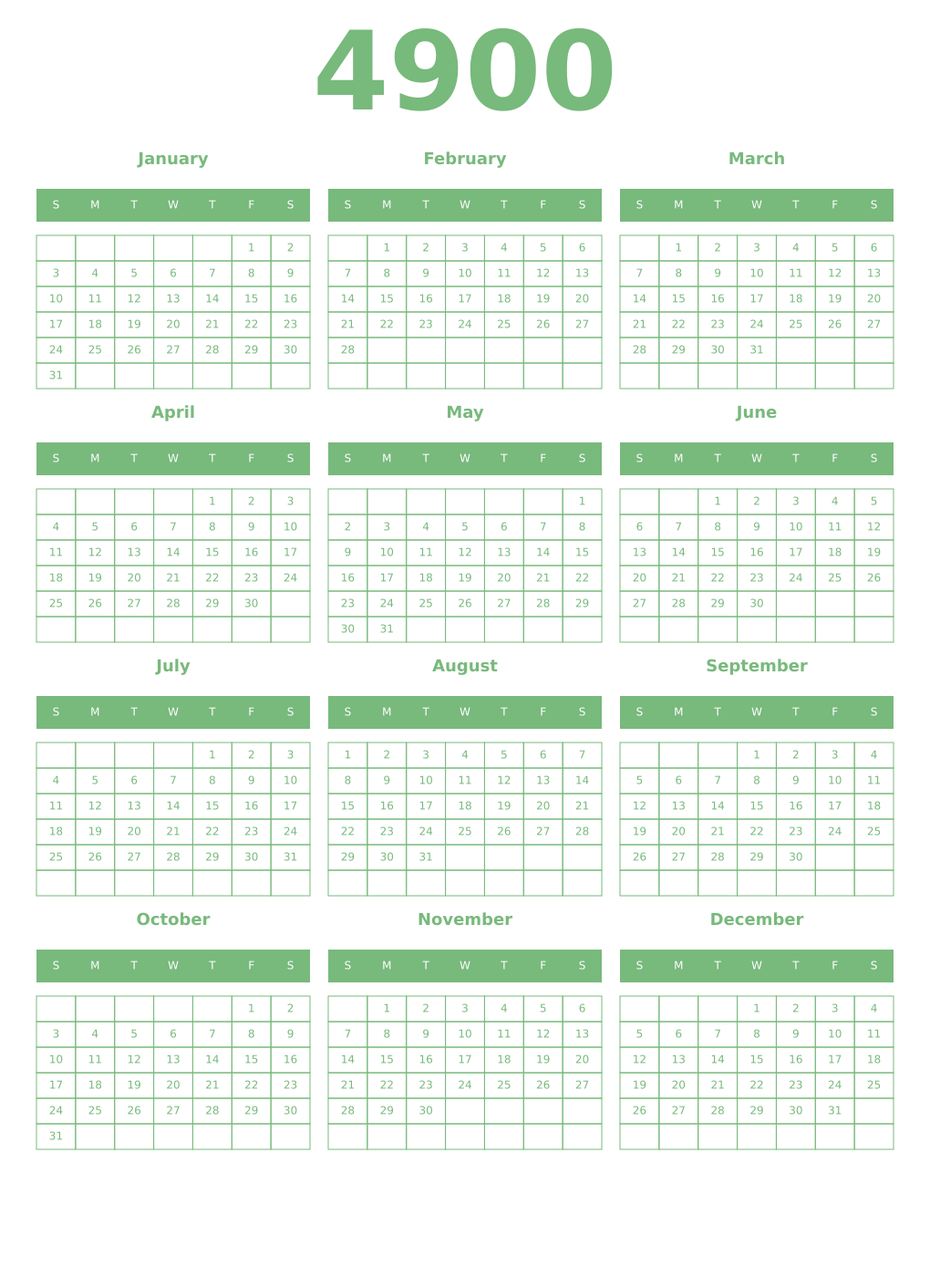 Printable 4900 Year Calendars celadon