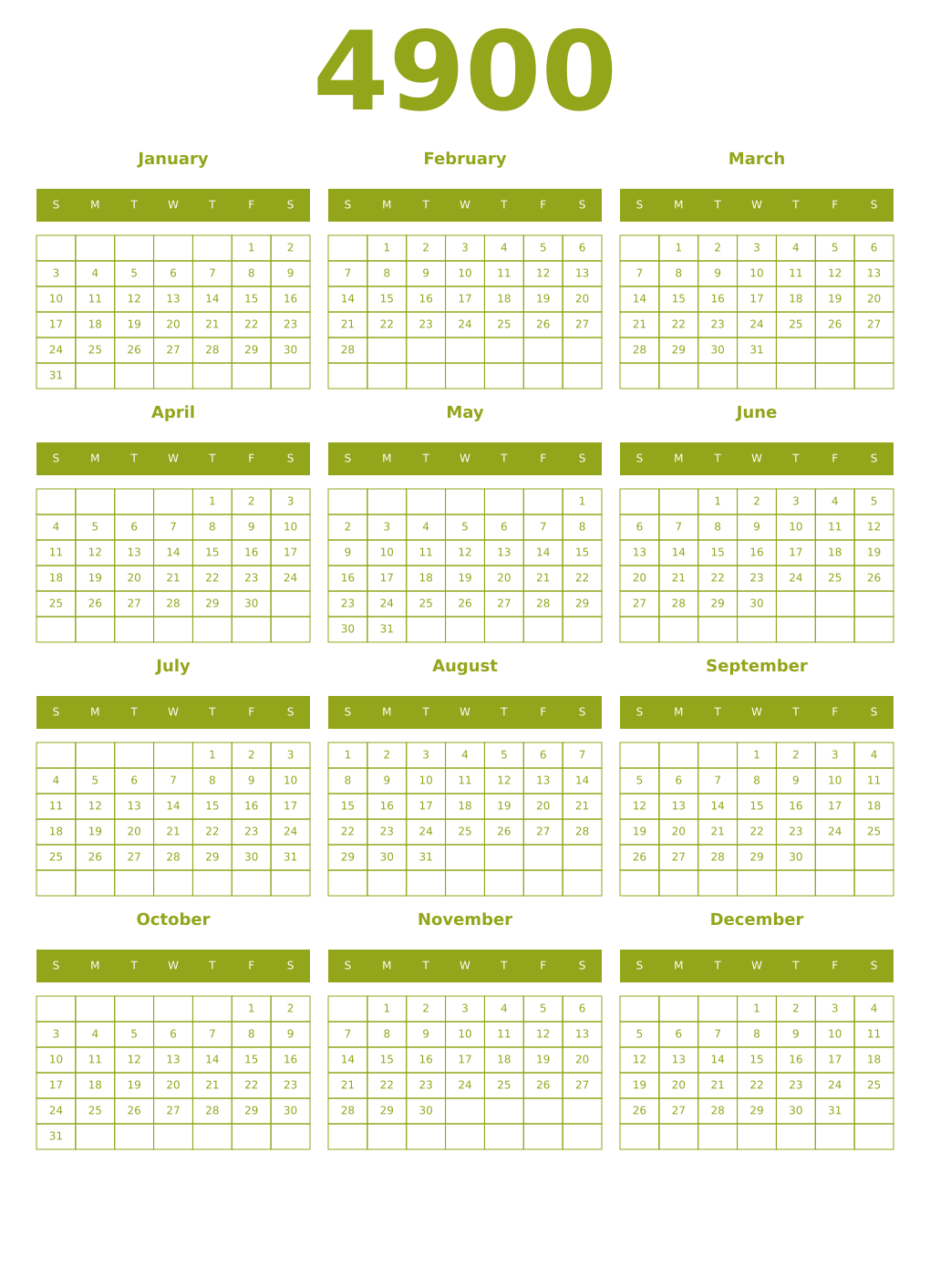 Printable 4900 Year Calendars chartreuse