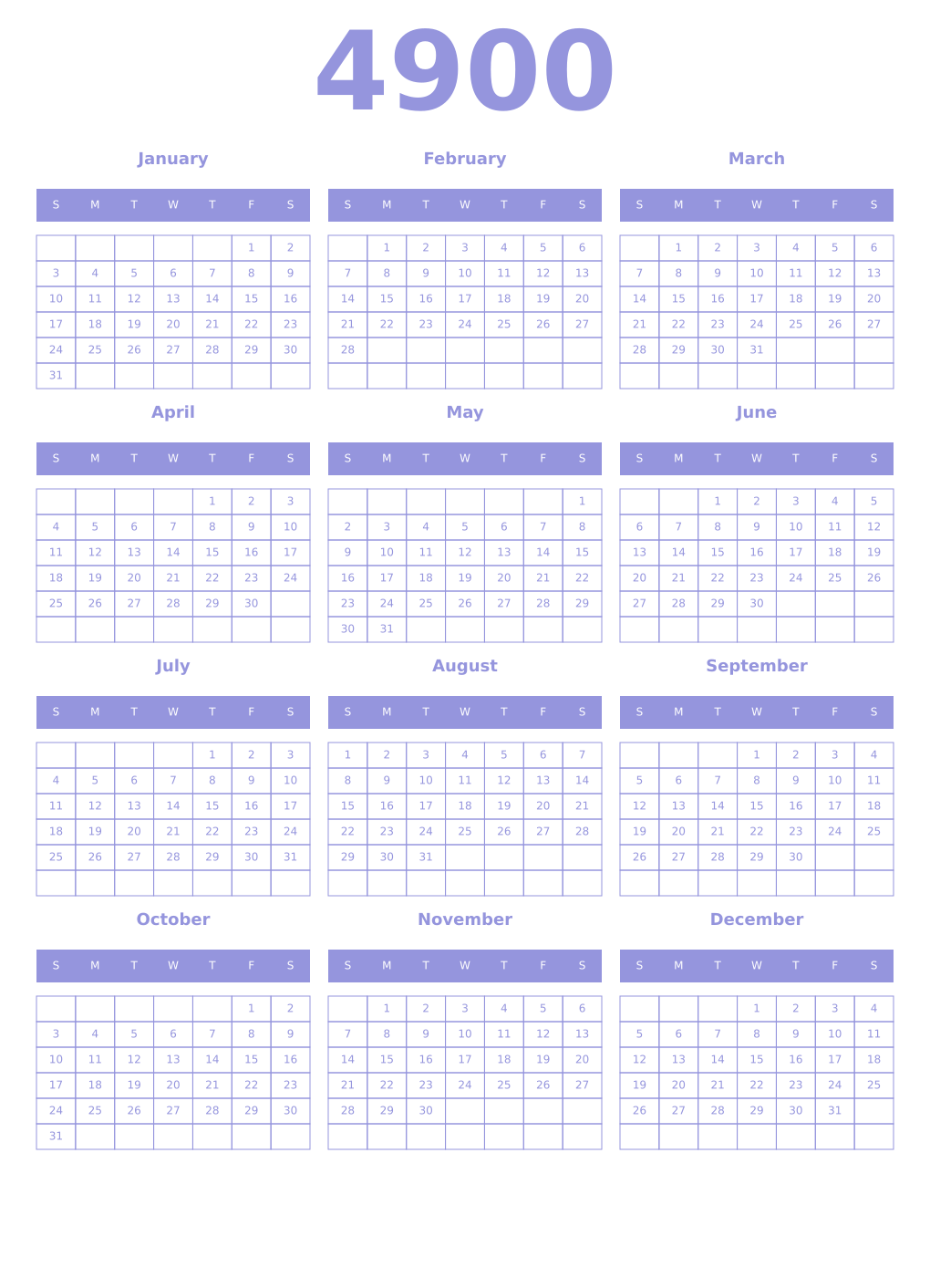 Printable 4900 Year Calendars periwinkle