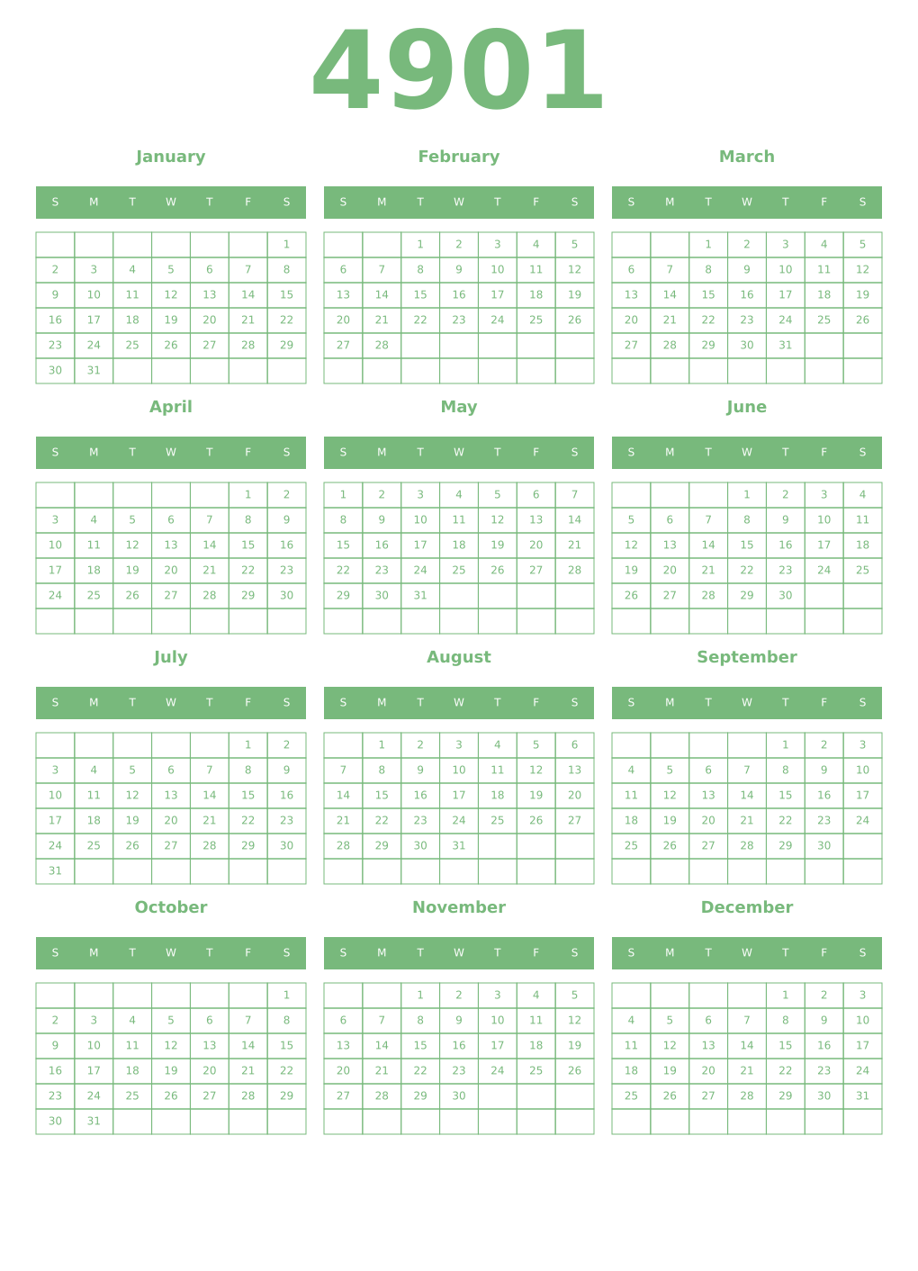Printable 4901 Year Calendars celadon