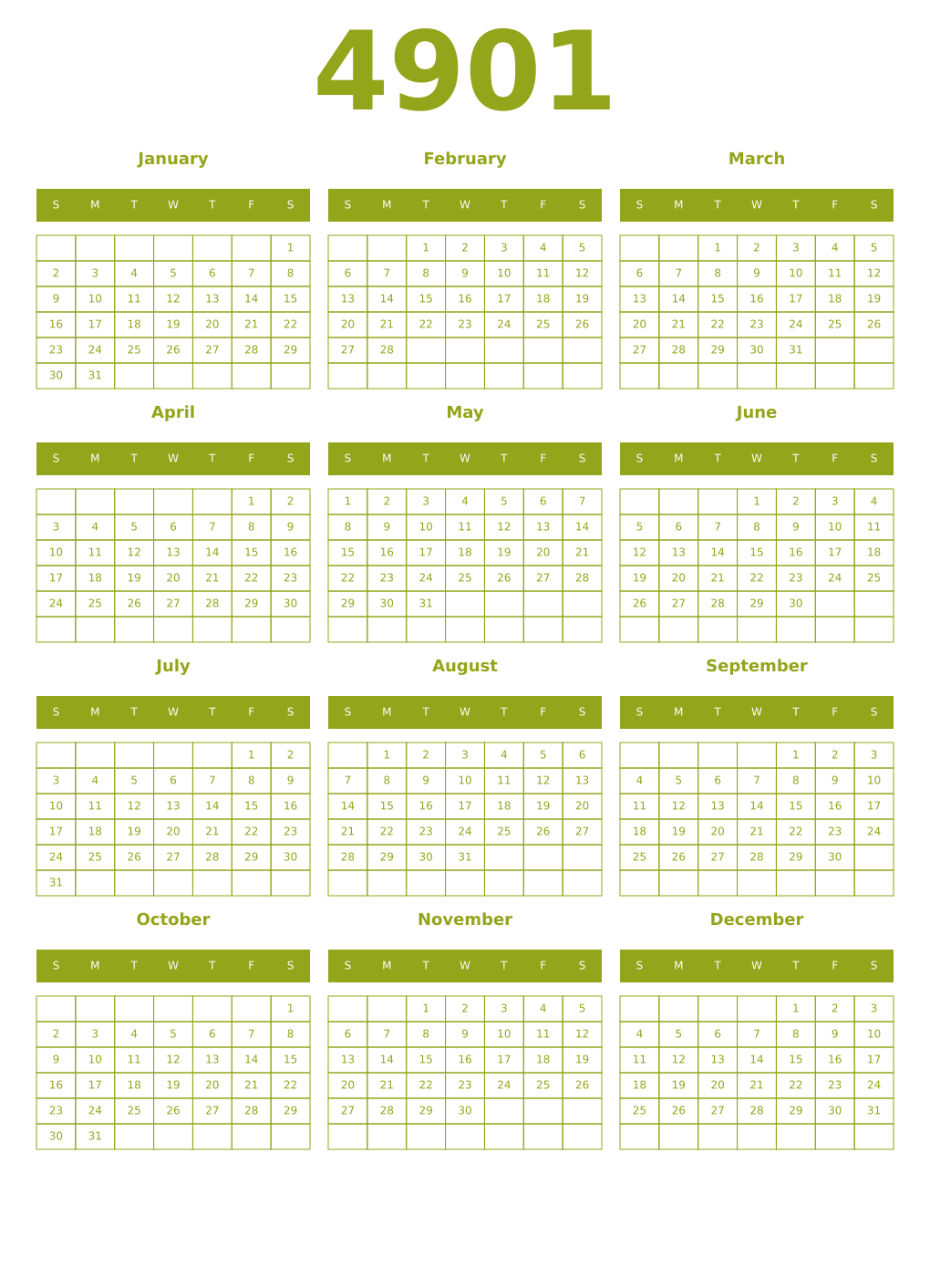 Printable 4901 Year Calendars chartreuse