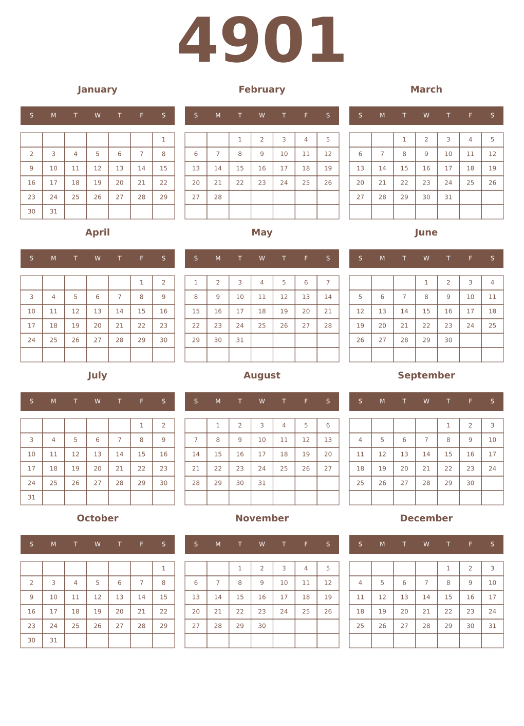 Printable 4901 Year Calendars coffe