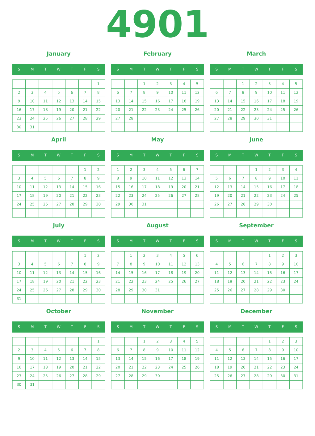 Printable 4901 Year Calendars green