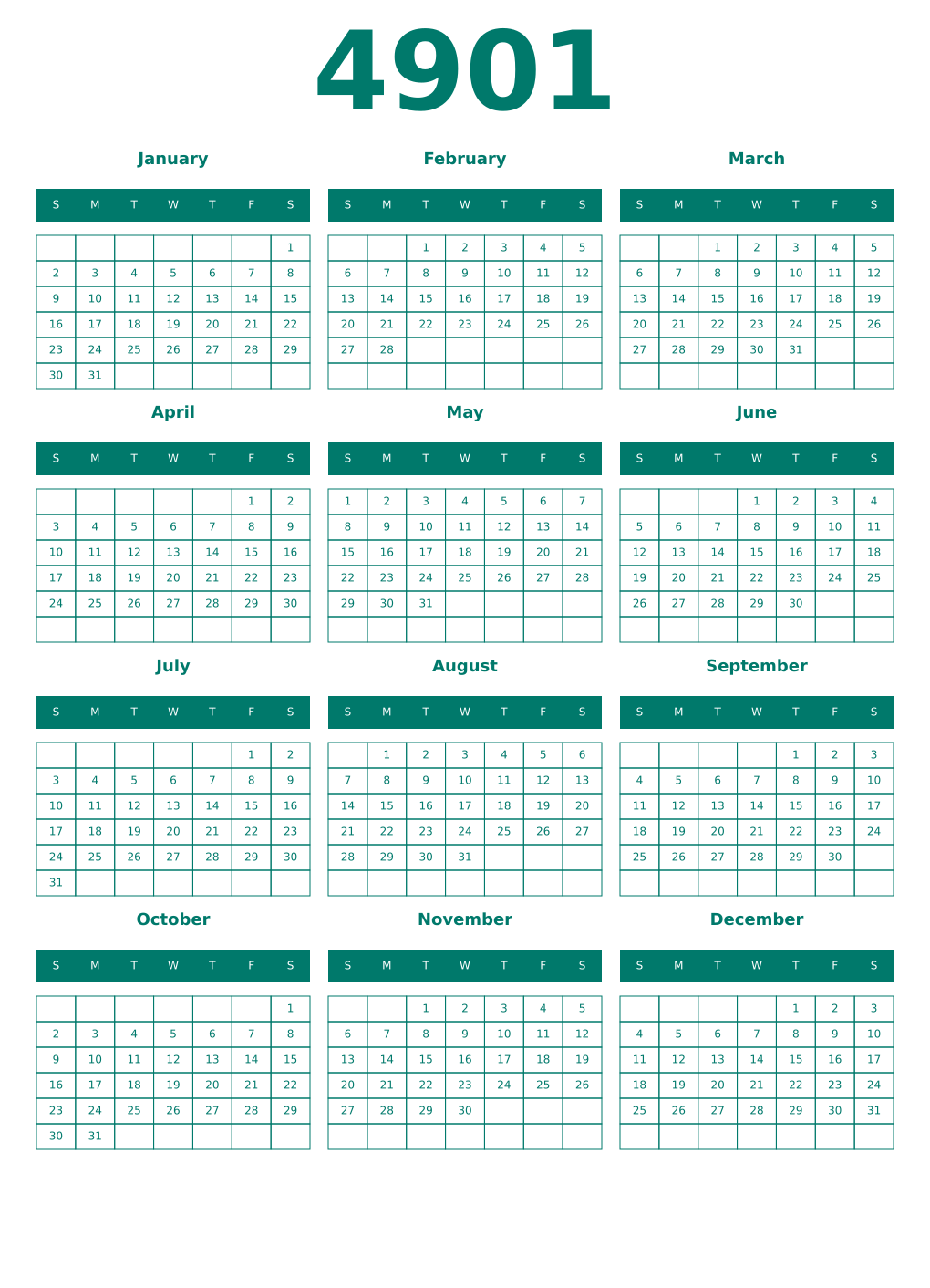 Printable 4901 Year Calendars pastel