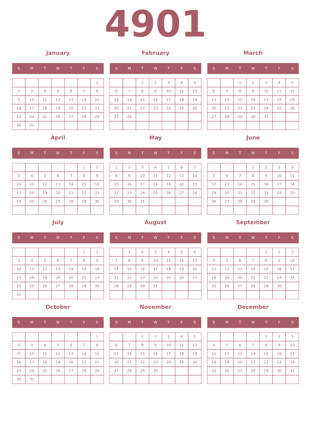 Printable 4901 Year Calendars puce