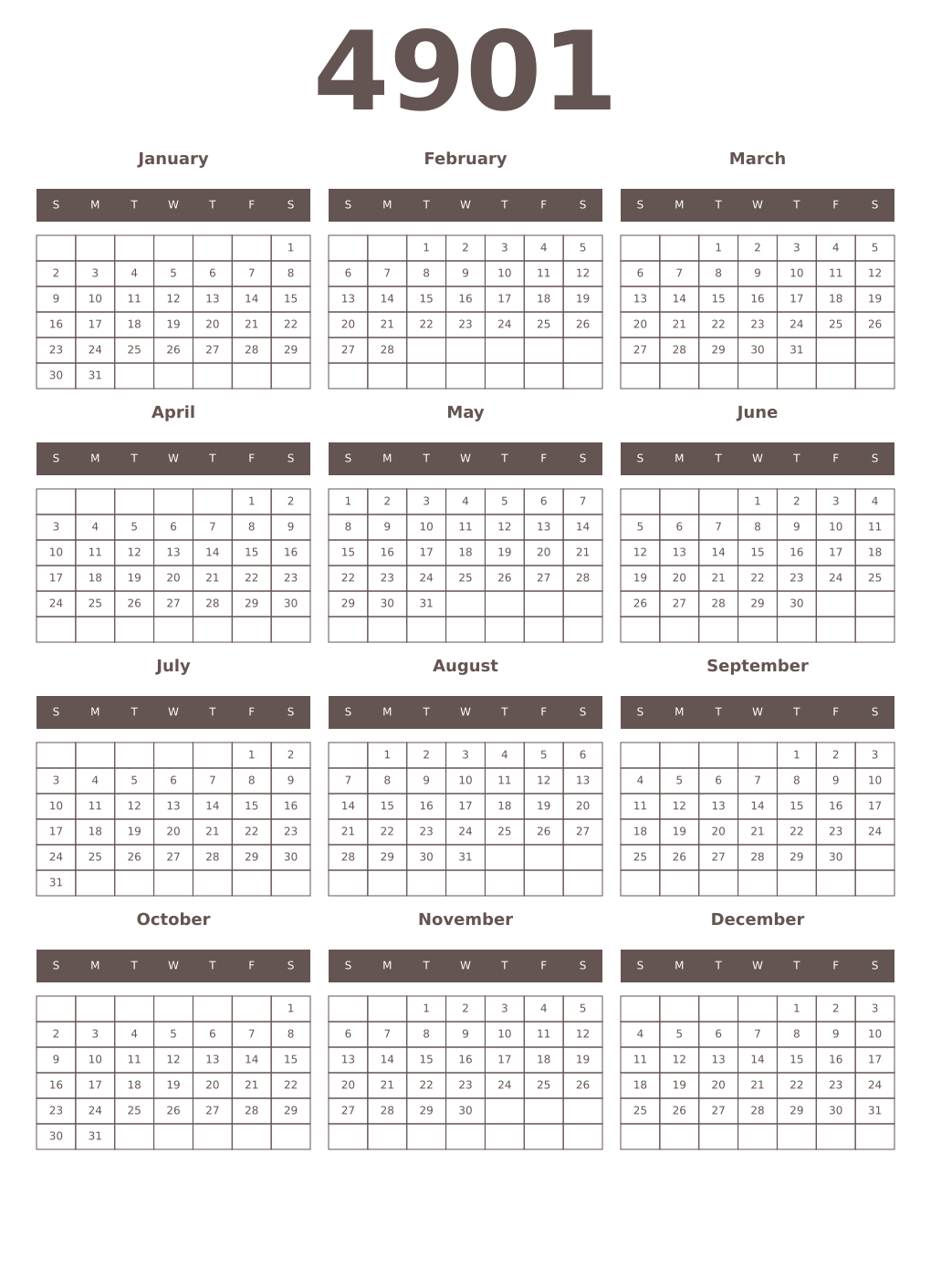 Printable 4901 Year Calendars wenge