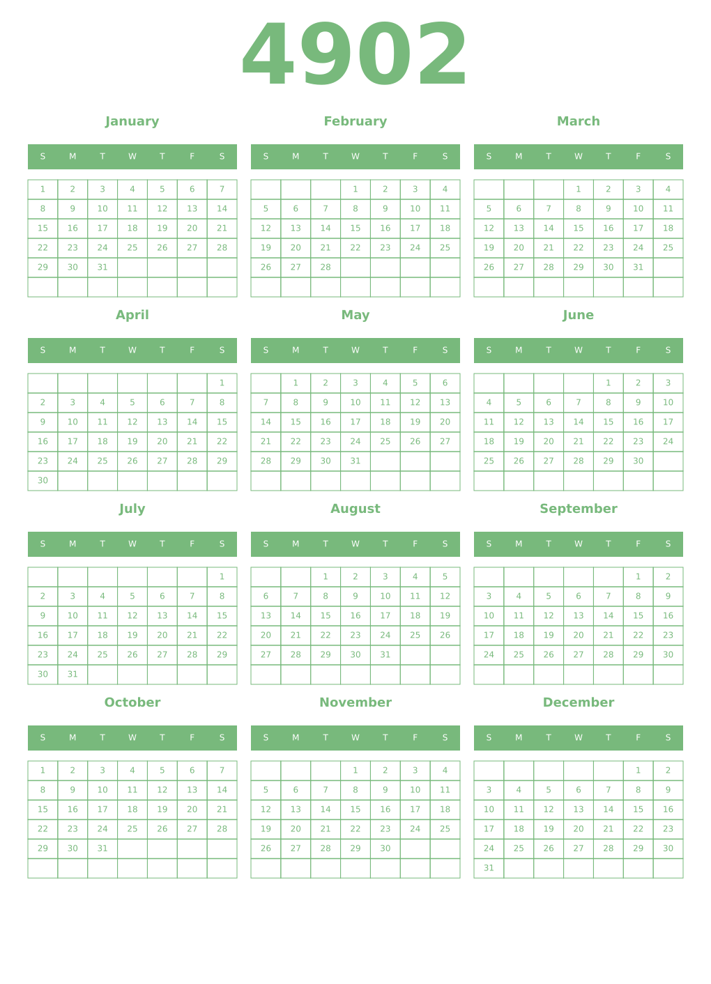Printable 4902 Year Calendars celadon
