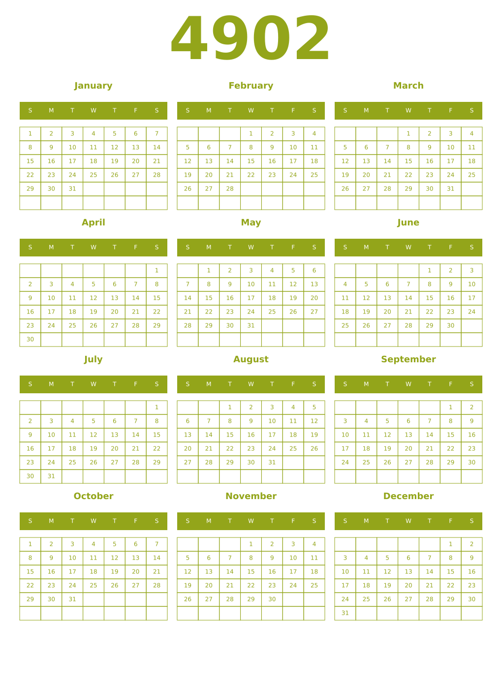 Printable 4902 Year Calendars chartreuse