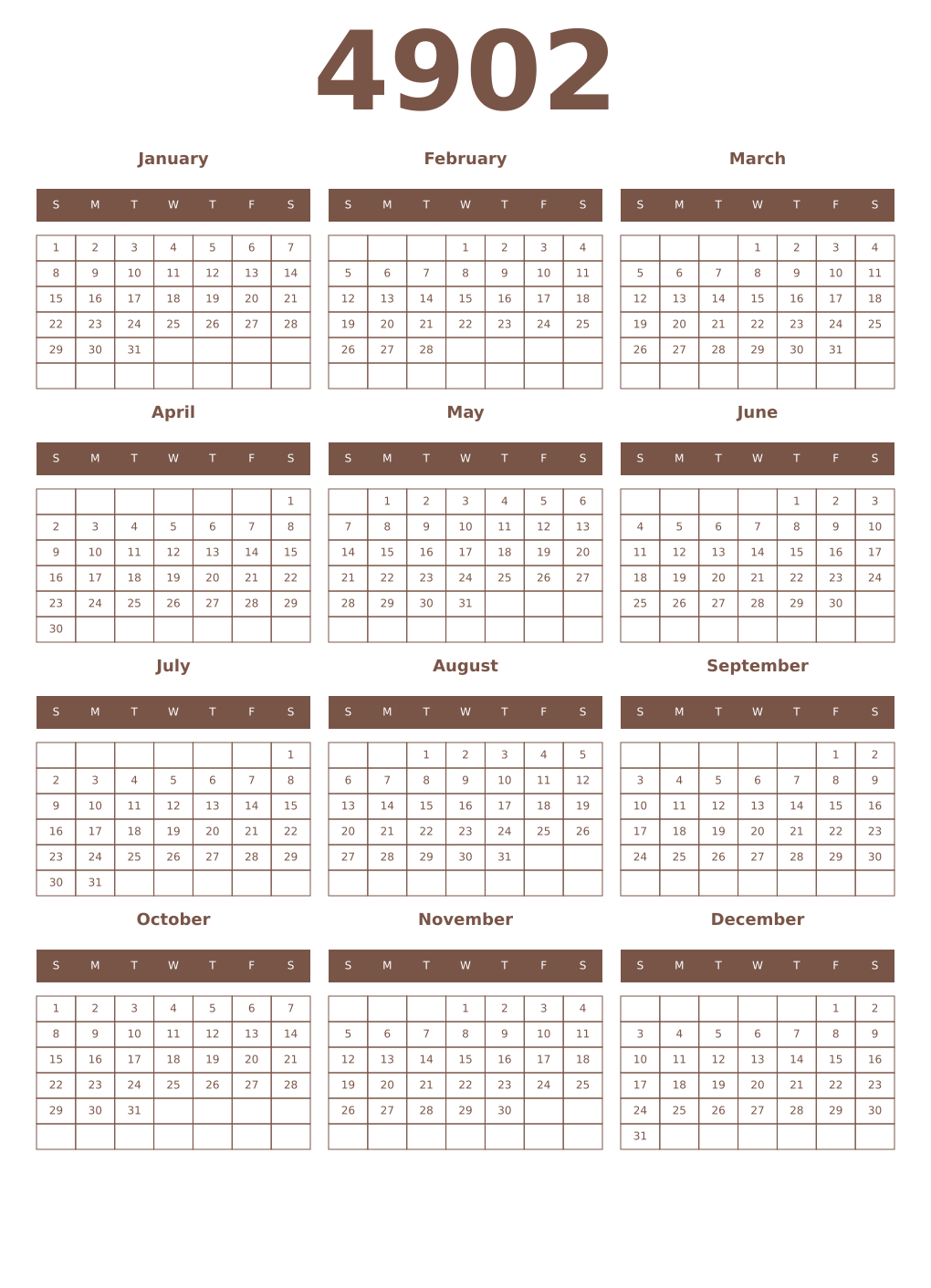 Printable 4902 Year Calendars coffe