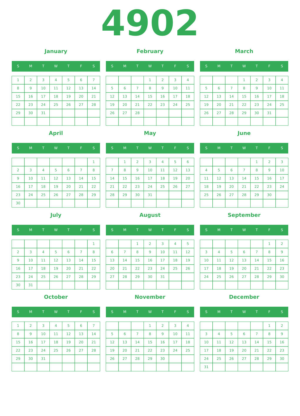 Printable 4902 Year Calendars green