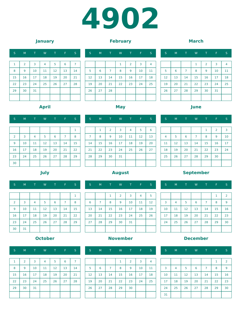 Printable 4902 Year Calendars pastel