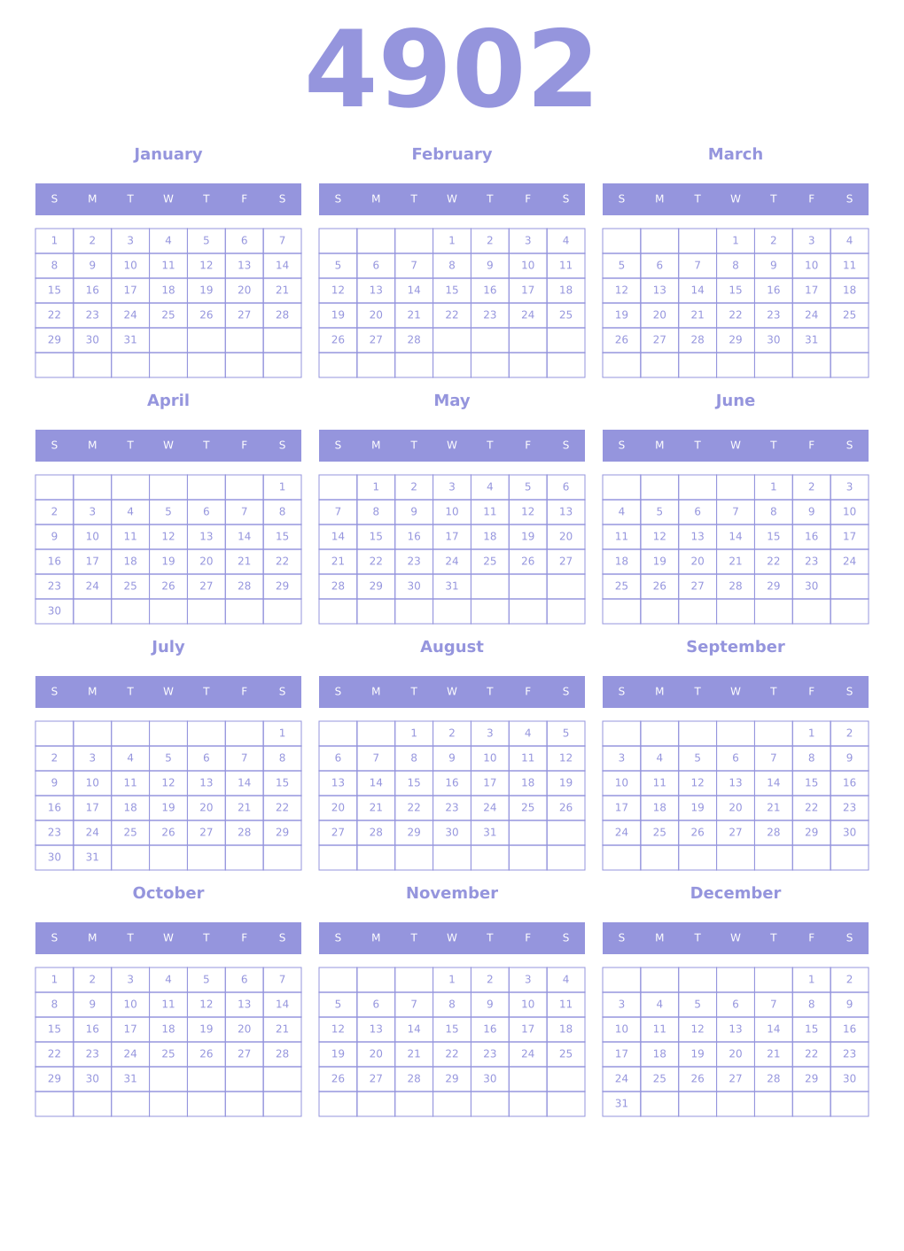 Printable 4902 Year Calendars periwinkle