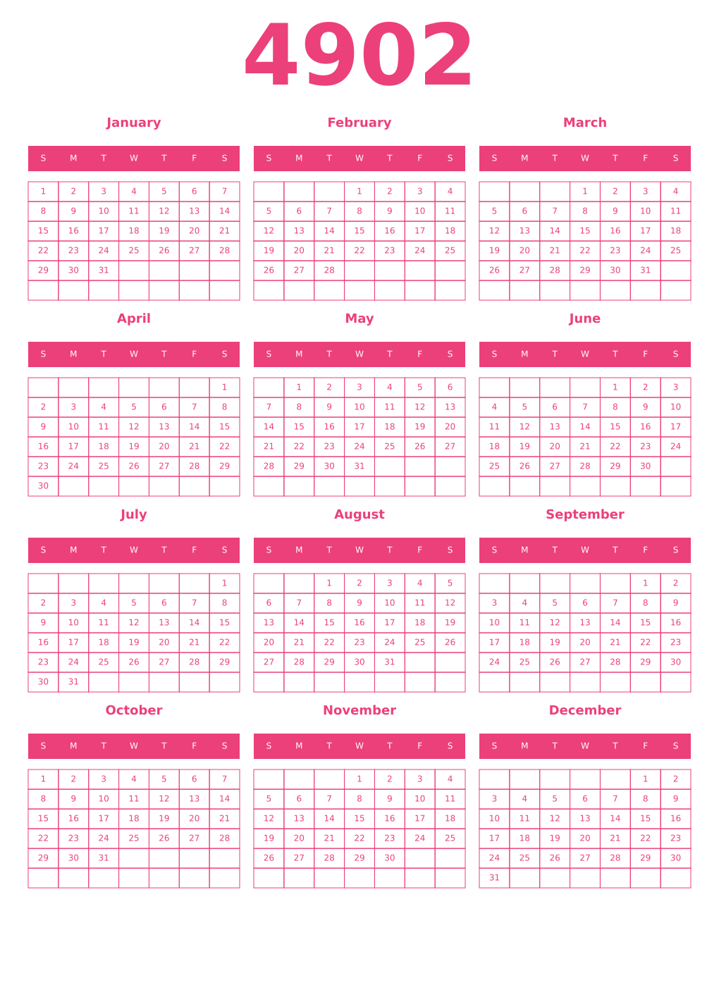 Printable 4902 Year Calendars pink