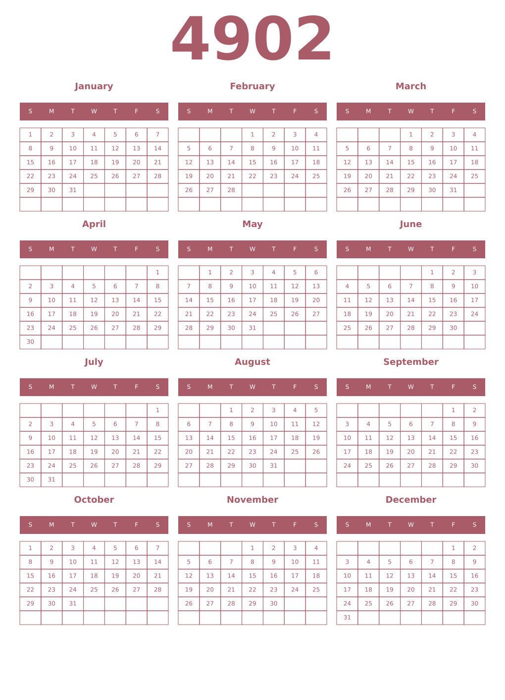 Printable 4902 Year Calendars puce