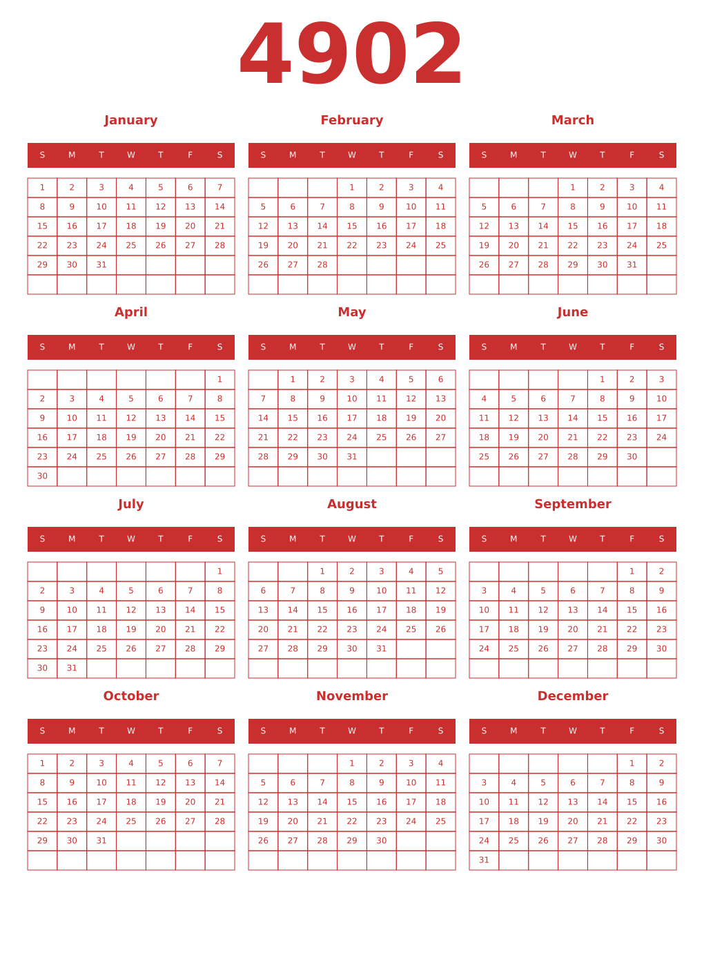 Printable 4902 Year Calendars red