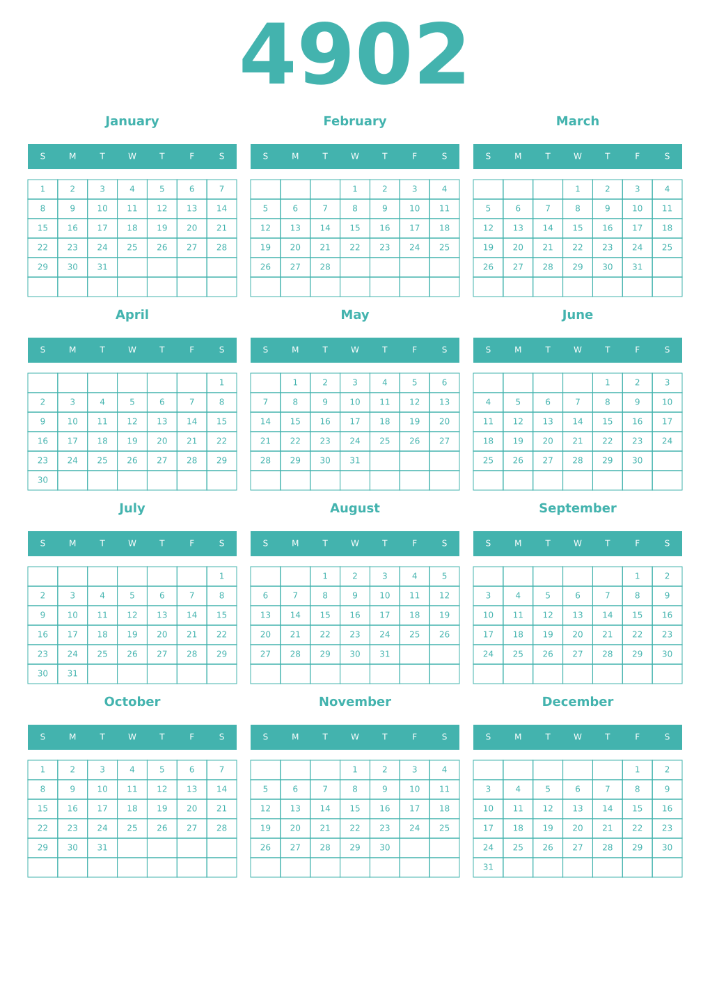 Printable 4902 Year Calendars verdigris