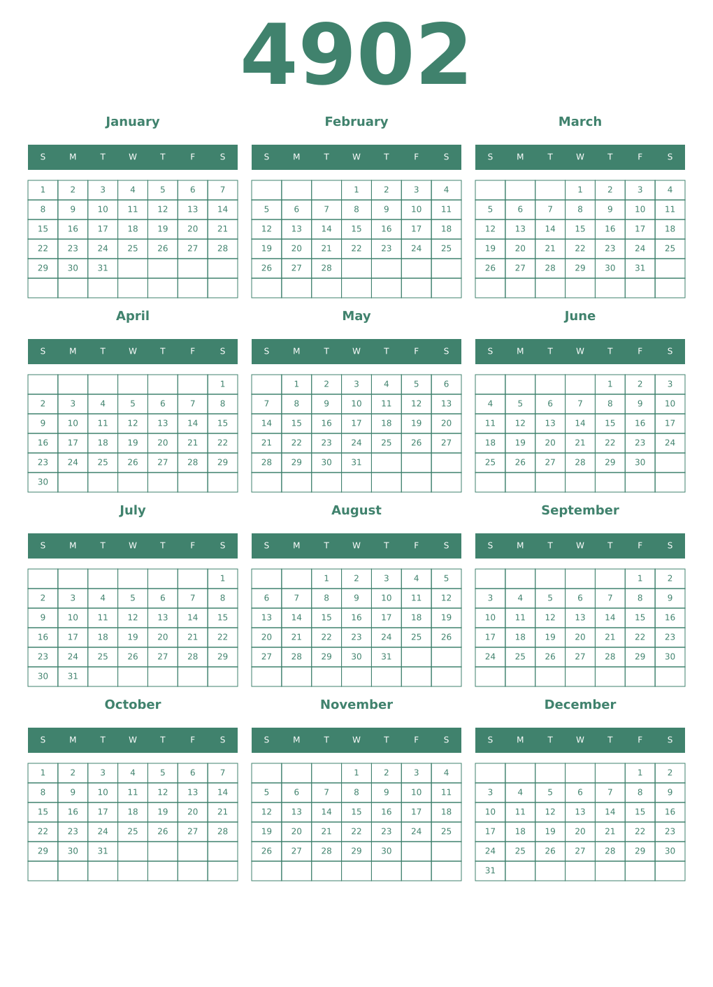 Printable 4902 Year Calendars viridian