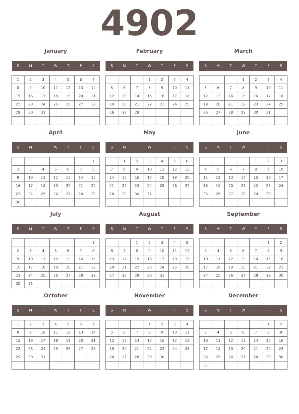 Printable 4902 Year Calendars wenge
