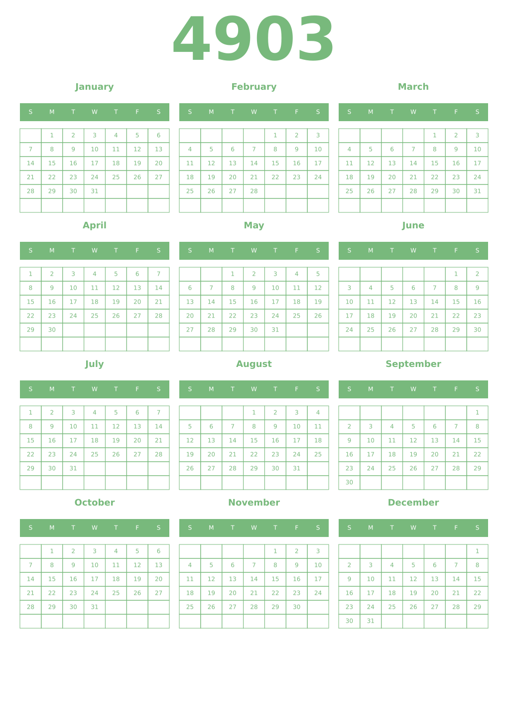 Printable 4903 Year Calendars celadon