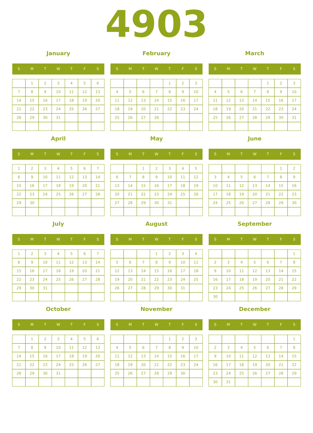 Printable 4903 Year Calendars chartreuse